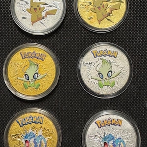 Lot of 6 Pokémon Metal Coins - Pikachu, Gyarados, Celebi - Gold & Silver Tones - Collectible Display Tokens