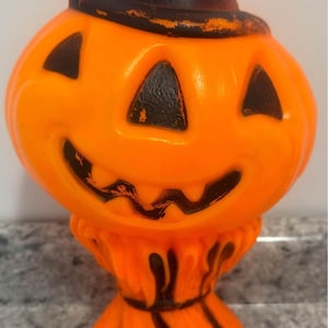 Vintage Halloween 14” Pumpkinhead Light-Up Plastic Decoration | Retro Jack-O’-Lantern Witch | Blow Mold Style Spooky Decor