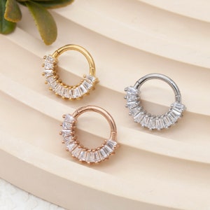 Golden Brilliant Baguette Sparkles Array Seamless Septum Clicker Hoop Ring, 16g Septum Ring, Daith Earring