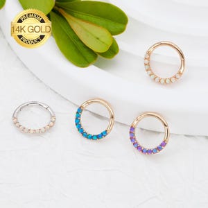 14K Gold Opal Hoop Clicker Hinged Septum Ring Conch Cartilage Helix Tragus Daith Rook Snug Lobe Nose Lip Piercing Jewelry 16g 6mm 8mm