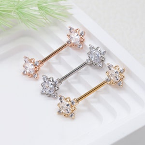 Pair of 14G Golden Grand Luria Floral Sparkle Diamond Nipple Barbells/ Nipple Jewelry/ Nipple Piercing/Sexy Body Jewelry/Barbell Piercing