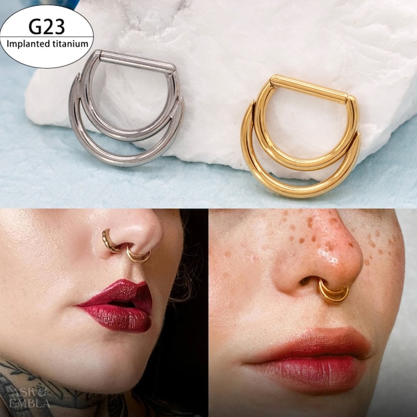 16G Implanted F136 Titanium Double Hoop Septum Ring/ Layered Septum Clicker/ Stacked Daith Earring/ Septum Hoop Silver Gold/Cartilage hoops