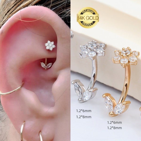 14K Solid Gold Flower Floral Curved Barbell Eyebrow Cartilage Daith Helix Tragus Conch Rook Snug Body Piercing Jewelry Earring