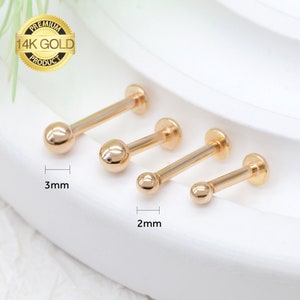 14k Solid Gold Ball Internally Threaded Labret Stud Earring, 16Gauge, Lobe Tragus Cartilage Helix Piercing, Delicate Tiny Earring