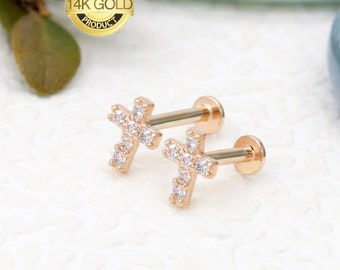 16G 14K Solid Gold Pave Dainty Cross Cartilage earring, Internal Threaded labret,CZ pave earrings, criss cross earring,Nose Stud