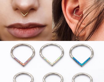 16G Surgical Steel Opal Septum Ring Clicker "V" Shape Daith Piercing/Septum Piercing/Septum Jewelry/Teardrop Clicker/Unique Gift