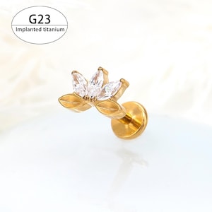 16G Implant Titanium  Clear Cz leaf Flat Back Earrings, Internally Threaded Labret Stud, Cartilage, Tragus, Helix, Conch, Nose Stud, 6mm/8mm