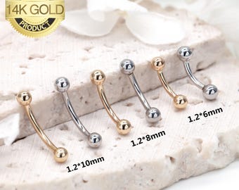 14K REAL Solid Gold Curved Barbell Earring Eyebrow Daith Helix Tragus Cartilage Conch Rook Vertical Lip Body Piercing Jewelry 16G(1.2mm)
