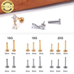 14K Solid Gold 16G 18G 20G Push Pin Theadless Pear Dangle Labret Zircon Helix/Tragus Piercing/Helix Earring/Cartilage Stud/Flat back Labret