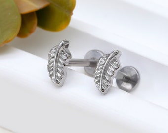 16g Pave Leaf Cartilage Earring, Conch stud, Helix stud, Cartilage stud, Flat Back Earring, Jewel Barbell
