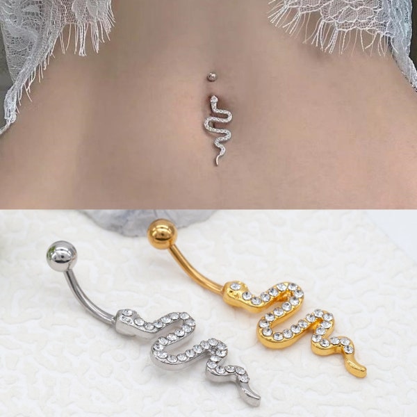 Golden Snake Sparkle Belly Button Ring, Navel Ring, Curved Barbell, Sperpent Navel Jewelry/14G Navel Barbell，halloween gift