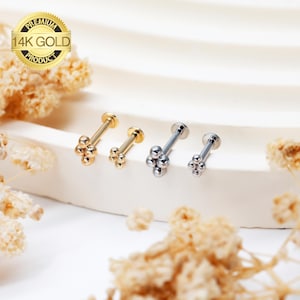14k Solid Gold Four Ball Internally Threaded Cartilage Stud Earring Tiny Conch Earring Cartilage Stud Helix Stud Tragus Stud Gift for Mom