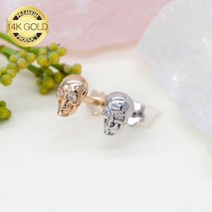 14K Solid Gold Skull Piercing, Minimalist Tragus Piercing, Gold Stud Piercing, Stud Ear Piercing, Skull Stud Earring,  halloween gift
