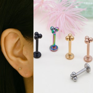 16G Tiny Trinity Ball Internally Threaded Labret Stud • Tribead/Quadbead Cartilage earring •Tragus stud • Flat Back Earring.