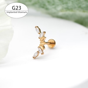 16G Implant Grade Titanium Clear Cz leaf Flat Back Earrings, Internally Threaded Labret Stud/Cartilage/ Nose Stud/Tragus/Conch