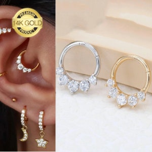 14K REAL Solid Gold Diamond CZ Hoop Earring, Cartilage Daith Helix Tragu Conch Rook Snug Body Hoop Ear Clicker Ring Septum Clicker 16Gauge