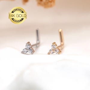 20G 14K Solid Gold Triple Clear CZ Nose Studs/Nose Ring/Nose Jewelry/Nose Piercing/Nose Bone/Nose Screw/L-shaped Nose ring/Small Nose Stud