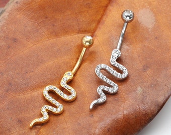 Golden Snake Sparkle Belly Button Ring, Navel Ring, Curved Barbell, Sperpent Navel Jewelry/14G Navel Barbell
