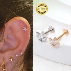 14k Solid Gold Triple CZ Internally Threaded Labret Stud Earring, 16Gauge, Lobe Tragus Cartilage Helix Piercing, Everyday Small Earring