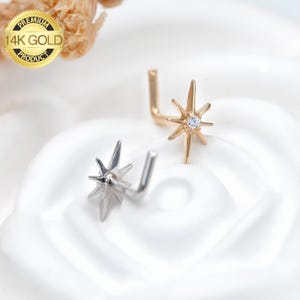 20G 14K Solid Gold L Shape Moissanite Bezel Setting North Star Nose Stud, Gold Nose Pin, Nose Piercing, Nose Ring,Dainty Thin Nose Stud
