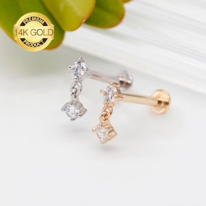 14K Solid Gold Threaded Zircon Diamond Helix/Tragus Piercing/Helix Earring/14K White Gold Earring Labret Piercing Gifts