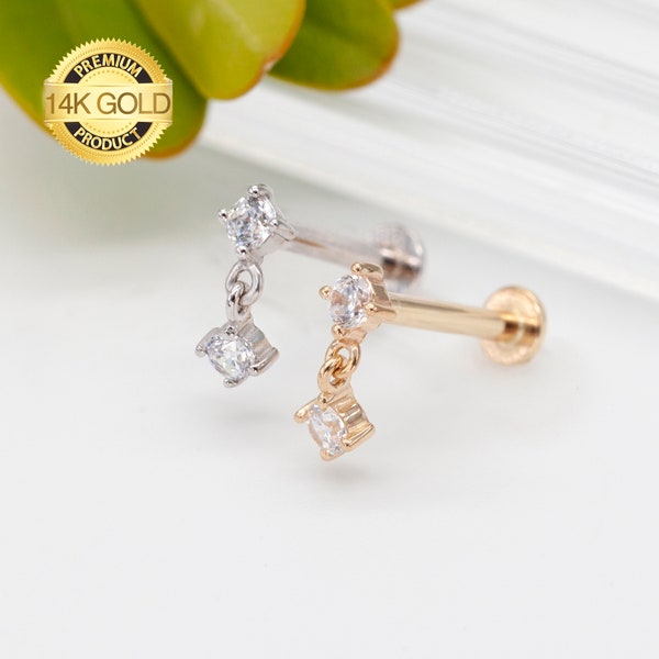 Piercing labret diamants filetés en or massif 14 carats/piercing tragus/boucle d'oreille hélice/boucle d'oreille labret en or blanc 14 carats