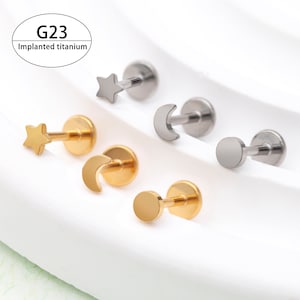20G 18G Implant Grade Titanium Sun Moon Star Labret Nose Ring Lip Labret Stud Cartilage Earring, Threadless Push In Helix Tragus Earring