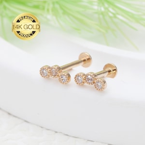 14k Solid Gold Dainty Bezel  Curved  Trinity CZ Stud Earring, Stud Earring, Minimalist Earring, Lobe Earring, Helix Cartilage Stud, Piercing