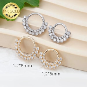 14K Solid Gold CZ Daith Earring/Septum Hoop/ Double Row White CZ Septum Ring/Cartilage Hoop/Conch Tragus Helix Daith Piercing Minimalist