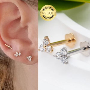 14k Solid Gold Trinity CZ Internally Threaded Labret Stud Earring, 16 Gauge, Lobe Tragus Cartilage Helix Piercing, Delicate Tiny Earring