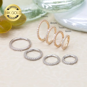14K REAL Solid Gold Diamond CZ Hoop Earring, Cartilage Daith Helix Tragu Conch Rook Snug Body Hoop Ear Clicker Ring Piercing Jewelry 16Gauge