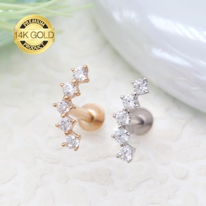 14K Solid Gold Diamond Stud Earrings/ Helix Curved Stud/ 16G CZ Stud/ Gold Conch Stud/ Tragus Stud/Labret Stud/Cartilage/Mother's day/Gifts