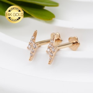 16G 14K Solid Gold Paved CZ Lightning Bolt Top Internal Threaded Flat Back Labret, Tragus, Cartilage, Piercing, Stud Earrings