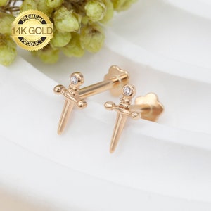 14K Solid Gold 16G Sword Dagger Earrings threaded Helix Conch Tragus Cartilage Stud Earrings Piercing