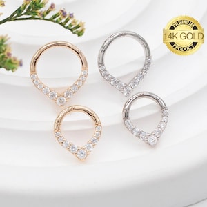 14K Solid Gold V Shaped Teardrop Septum Ring Clicker-Septum Piercing-Septum Jewelry -16 Gauge Conch Ring-Conch Piercing-Nose Ring