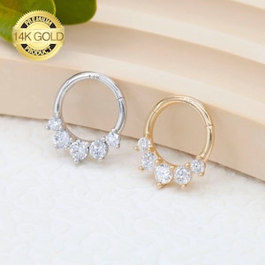 Boucle d'oreille en or massif 14 carats avec diamants CZ, cartilage Daith Helix Tragu Conque Rook Anneau d'oreille à cliquet confortable Septum Clicker calibre 16