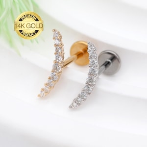 Pendiente de oro macizo de 14 k de 18 g y 20 g con pasador sin rosca para labio, trago, hélix, trago, cartílago, parte posterior plana, regalo para ella