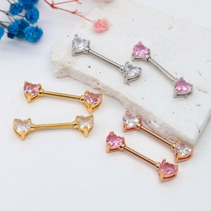 Pair of 14g CZ Heart Nipple Rings/Nipple Barbells/ Nipple Jewelry/ Nipple Piercing/Sexy Body Jewelry/Barbell Piercing/Gift For Her