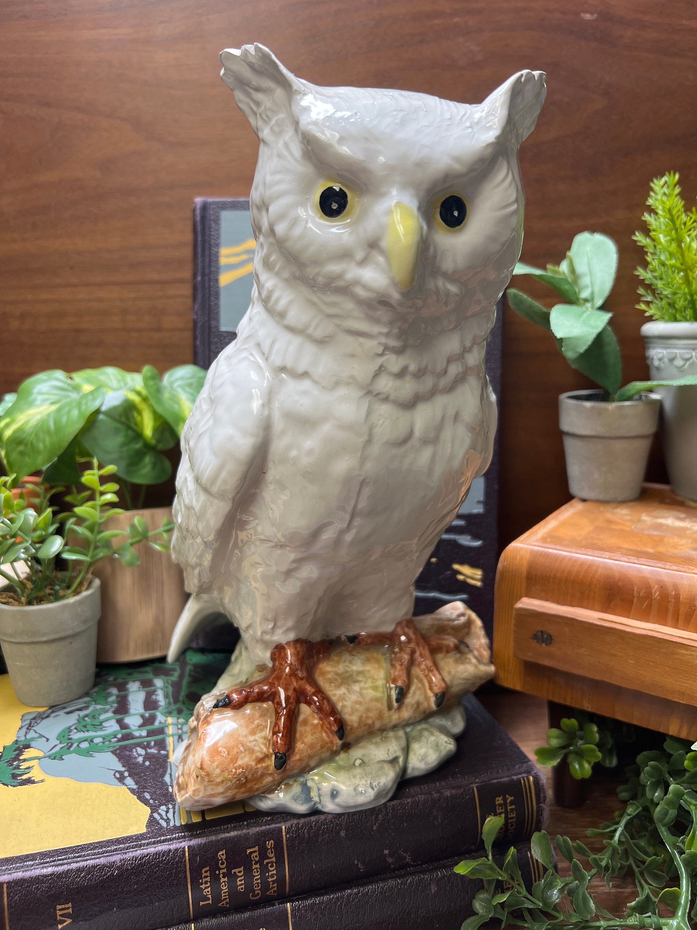 Vintage Italian pottery white owl figurine statue