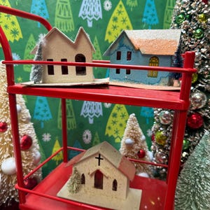 Vintage Cardboard Christmas glittered Putz houses, lot of 3