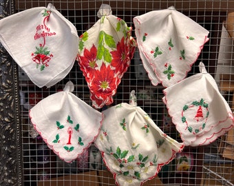 vintage lot of Christmas hankies, set of 6