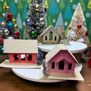 Vintage Cardboard Christmas glittered Putz houses, lot of 3