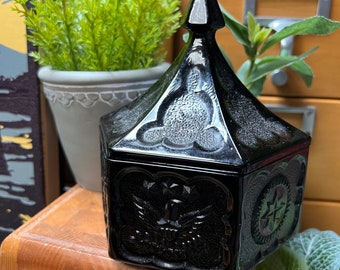 Vintage Tiara colonial black amethyst glass lidded candy or trinket dish