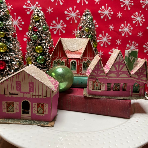 Vintage Christmas cardboardputz houses. Lot of 3