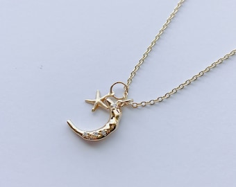 Collana delicata con luna e stelle, collana con luna in oro, riempita d'oro, regalo per lei, regalo di Natale, mezzaluna, collana delicata e minimalista