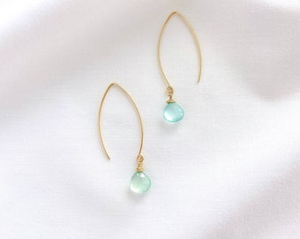 Chalcedony Earring, Aqua Chalcedony, Teardrop Briolette earrings, Sea foam green earrings; 14 K Gold filled Dangle Earrings  Gifts for Her