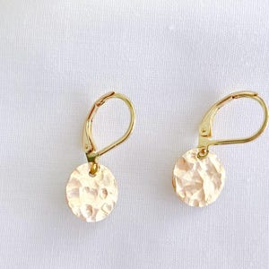 Tiny Hammered Gold Lever Back Earrings  Leverback  Minimalist Hammered disc earrings Handmade Small Disc Dangle Earrings Simple earrings