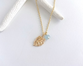Monstera leaf necklace with Aquamarine  Monstera gold filled necklace Tropical Leaf necklace Dainty Beach necklace Bridesmaid