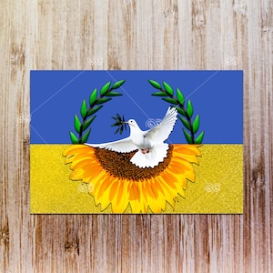 May include: A blue and yellow flag with a sunflower and a white dove holding an olive branch in its beak. The dove is inside the sunflower, which is on top of the yellow part of the flag. The dove and olive branch are symbols of peace.