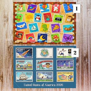 May include: Two rectangular sheets of postage stamps. The top sheet features colorful cartoon illustrations of animals, food, and nature with various denominations. The bottom sheet displays official United States commemorative stamps from 2026.